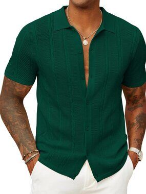 Men’s Green Knit Button-Down Polo Summer Beach Casual Top Shirt